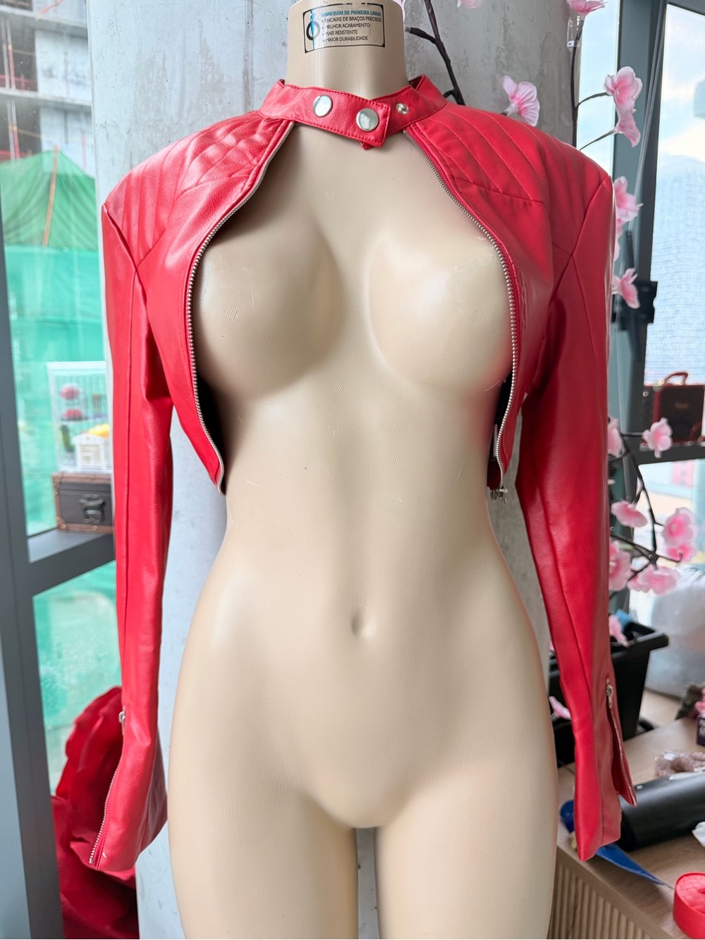 Fashion Nova Red Cropped Faux Leather Zipper Design Moto Jacket Size XS
